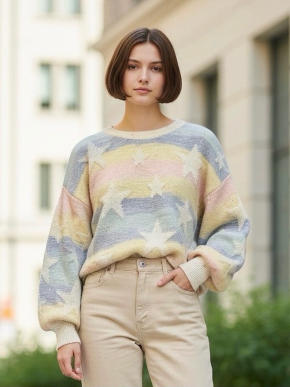 Nikka K Pastel Star Striped Crewneck Sweater